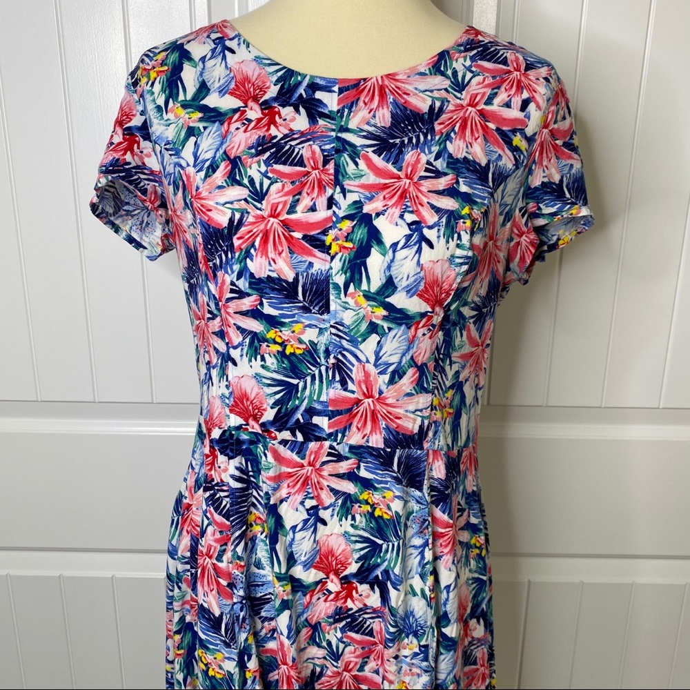 Floral Fit-and-Flare Short Sleeve Dress - Blue & Pink - Picture 2 of 6